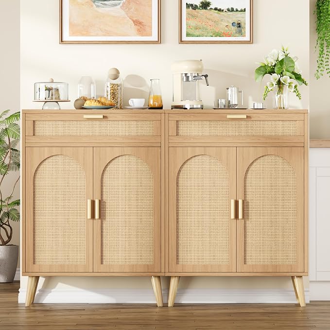 Rattan Sideboard Buffet Cabinet set of 2, Boho Storage Cabinet by Keehusux