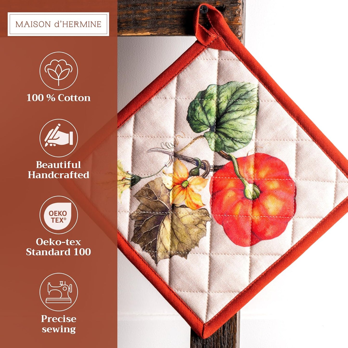 Maison d' Hermine Pot Holders 100% Cotton Heat Resistant Potholders 8" x 8" Hot Pads with Loop BBQ, Cooking, Baking, Grilling, Kitchen, Handling Hot Pans (Pack of 1, Potiron)