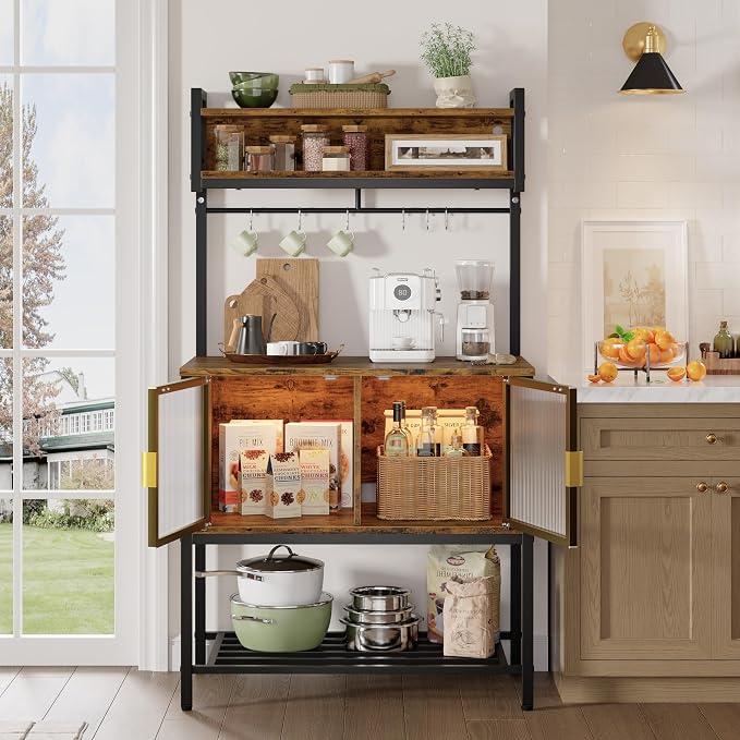 Bestier Coffee Bar with Storage, 5 Tier Microwave Stand with LED Lights - Image 6