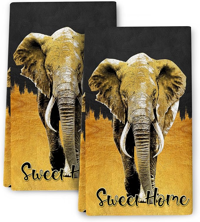 Elephant Kitchen Towels Decorative Set of 2, Absorbent Golden Dish Towels Black by Bapcoku