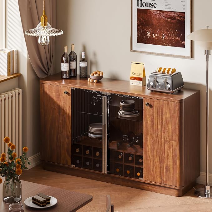 Coffee Bar Cabinet with LED Light & Glass Doors, Coffee Station Sideboard - Image 7