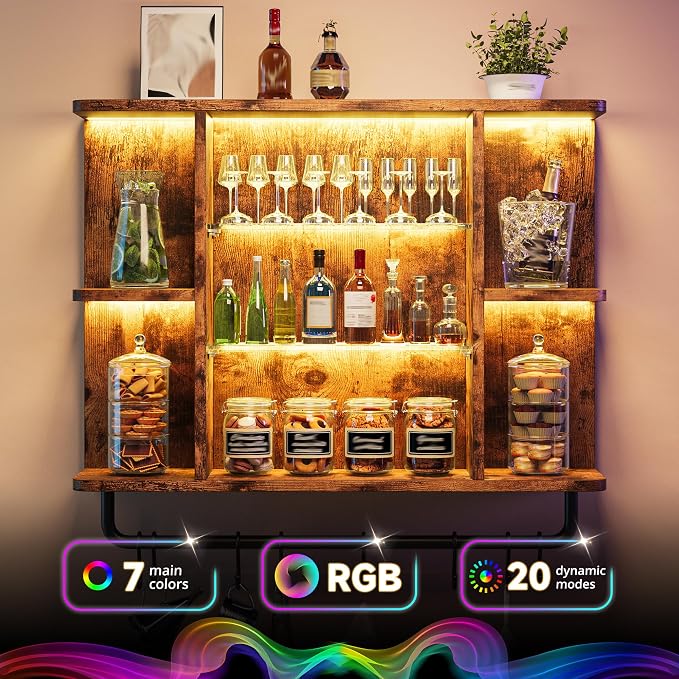 REIBII Floating Shelves with LED Lights, 7-Tier Wood Shelf, Wall Mounted - Image 3
