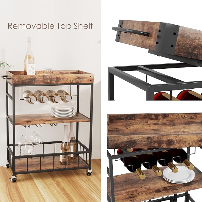 Bar Cart Serving Wine 3 Tier Home Rolling Rack - Image 4
