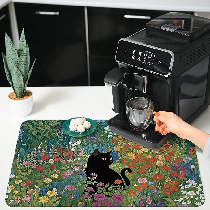 Black Cat Wildflower Dish Drying Mat, Cat Lover Gifts, Abstract Floral - Image 4