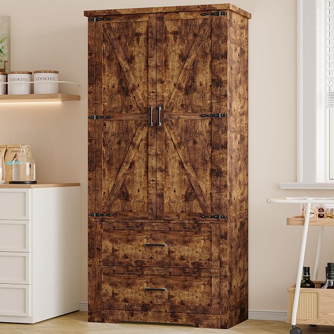 BORNOON Pantry Organizers and Storage Cabinet, 71” Barn Door White Kitchen by BORNOON