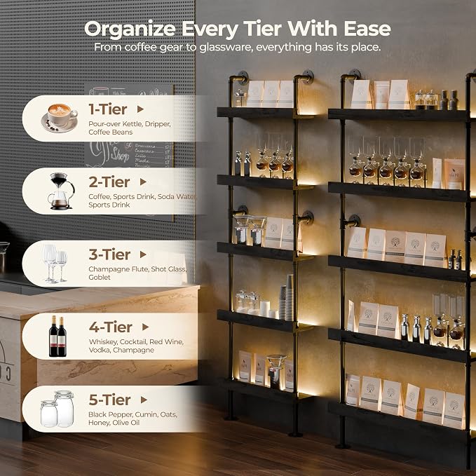 Wall Mounted Wine Rack with LED Light, LED Industrial Pipe Liquor Bar Shelves - Image 5