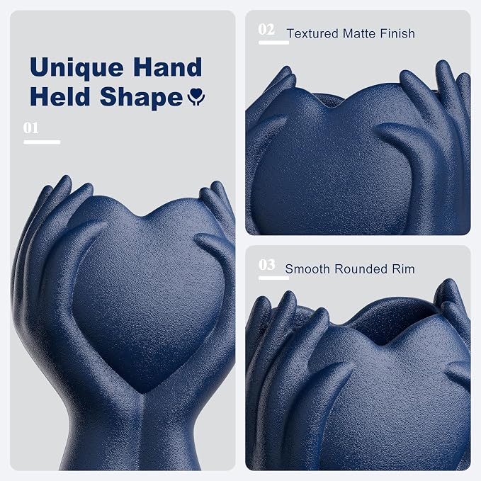 8" Heart Hand Navy Blue Ceramic Vase - Image 3