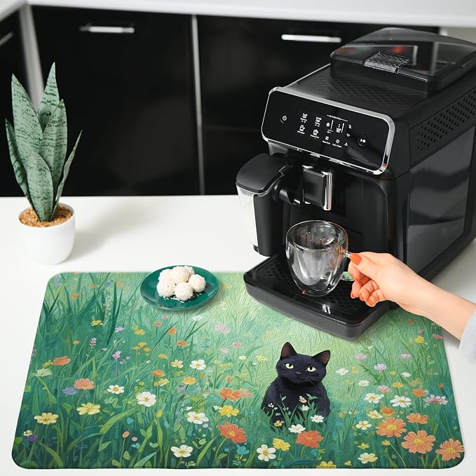 Wildflower Black Cat Dish Drying Mat, Cat Lover Gifts, Cats in Colorful Floral - Image 4
