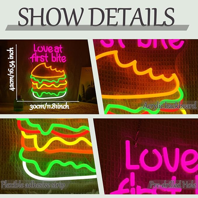 Love At First Bite Neon Sign Burger LED Neon Light Dimmable Hamburger Food - Image 2