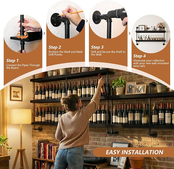 Industrial Wine Rack Wall Mounted, Solid Wood Shelf - Image 5
