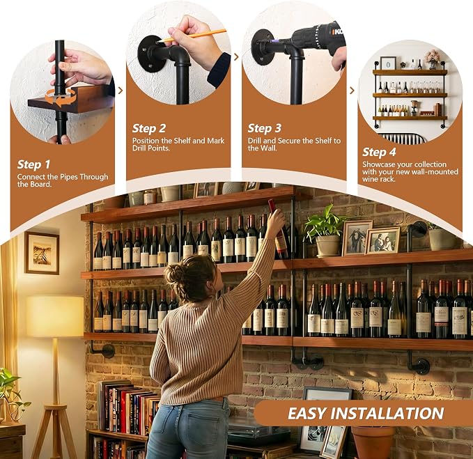 Industrial Wine Rack Wall Mounted, Solid Wood Shelf - Image 5