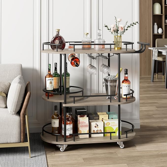 Garvee Bar Serving Cart with Wine Rack and Glass Holder, 3-Tier Rolling Serving - Image 3