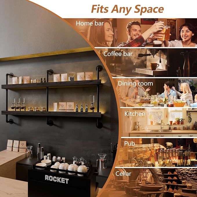 Wall Mounted Wine Rack with LED Light, LED Industrial Pipe Liquor Bar Shelves - Image 6