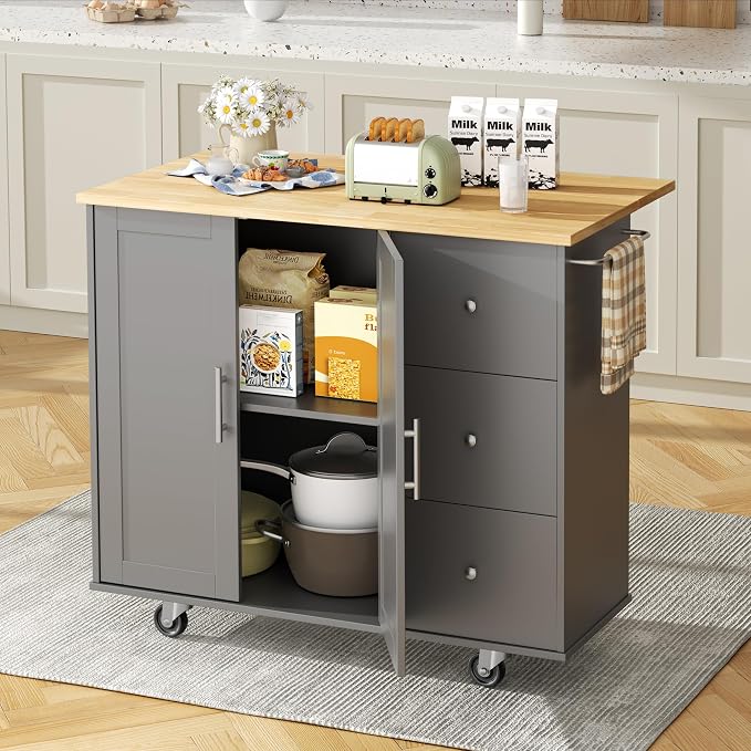 Shintenchi Kitchen Island with Folding Drop Leaf, Rolling Island Table with - Image 7