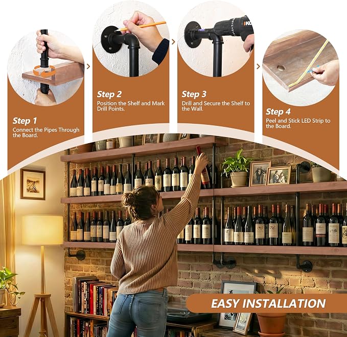 Wall Mounted Wine Rack with LED Light, LED Industrial Pipe Wine Shelf, 2-Tier - Image 4