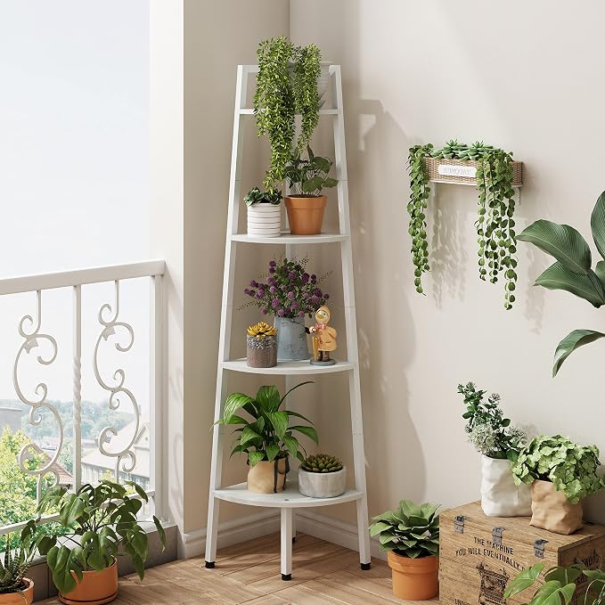 Hoctieon Corner Shelf, 4-Tier Corner Bookshelf, Rustic Corner Ladder Shelf - Image 8