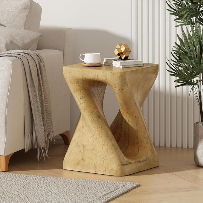 Twist End Table with Wood Grain Texture, 12 Inch Square Spiral Accent Table by Noeko