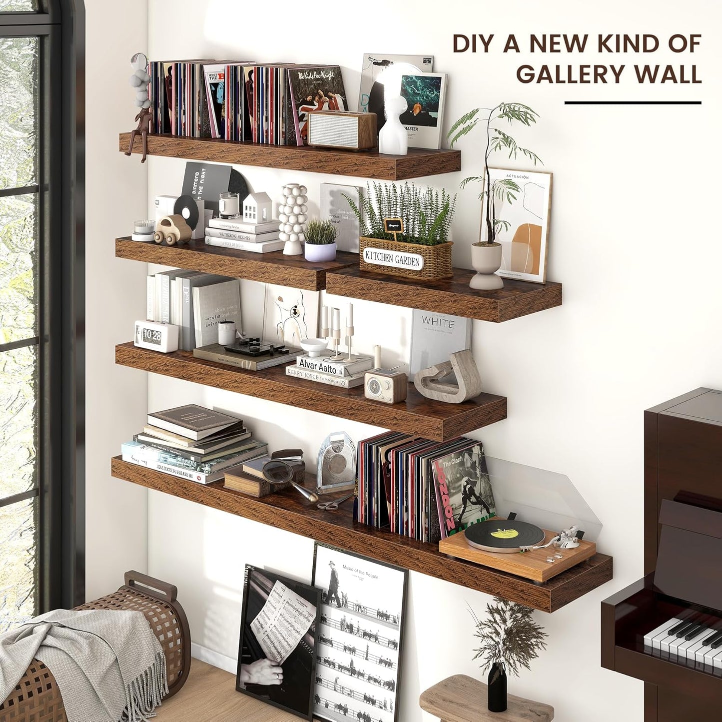 Floating Shelves for Wall, Large Wall Mounted Shelves with Invisible Brackets, Long Wood Floating Shelf for Living Room, Bedroom, Kitchen, (Brown, 72" W x 9" D x 1.5" H)