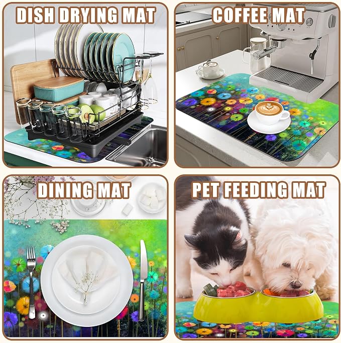 Dish Drying Mat Watercolor Rainbow Dandelion Coffee Bar Mat - Image 7