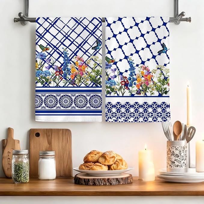 Blue and White Kitchen Towels Set of 4, Chinoiserie Dish Towel Dishclothes - Image 2