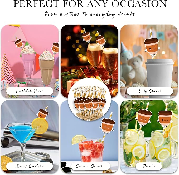 Brown Striped Paper Straws, Disposable Coffee Drinking Straws, Cute Party Straws - Image 6