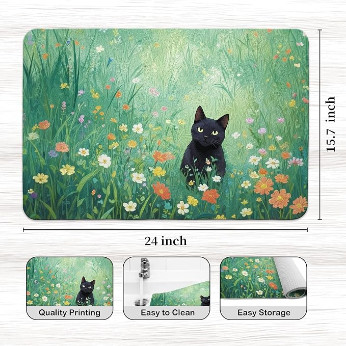Wildflower Black Cat Dish Drying Mat, Cat Lover Gifts, Cats in Colorful Floral - Image 3