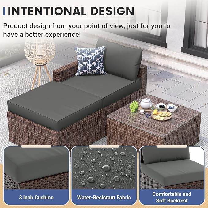 UDPATIO 5 Piece Patio Furniture Set, All-Weather Wicker Outdoor Sectional Sofa - Image 3
