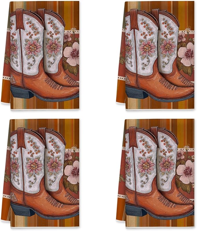 Cowboy Boots Kitchen Towels Set of 4, Western Rustic Flowers Stripes Fall Brown by Unknown