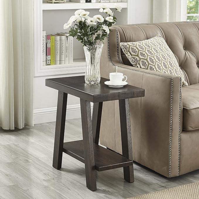 Contemporary End Table with Storage Shelf, Weathered Espresso Wood Side Table by Noeko