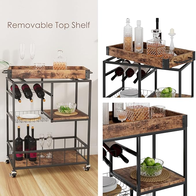 Bar Cart with Basket 3 Tiers Home Rolling Wine Rack with Wheels Mobile Kitchen - Image 3