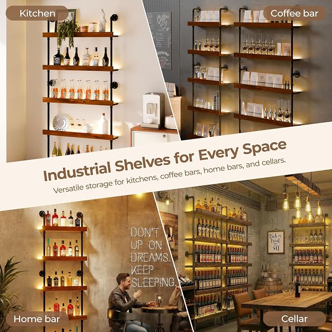 Wall Mounted Wine Rack with LED Light, LED Industrial Pipe Liquor Bar Shelves - Image 8