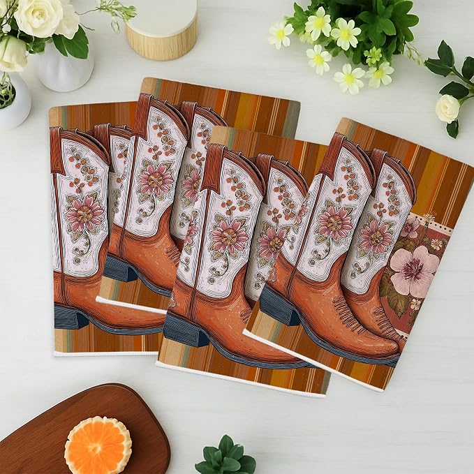 Cowboy Boots Kitchen Towels Set of 4, Western Rustic Flowers Stripes Fall Brown - Image 2