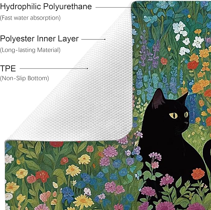 Black Cat Wildflower Dish Drying Mat, Cat Lover Gifts, Abstract Floral - Image 6