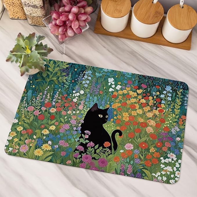Black Cat Wildflower Dish Drying Mat, Cat Lover Gifts, Abstract Floral - Image 5