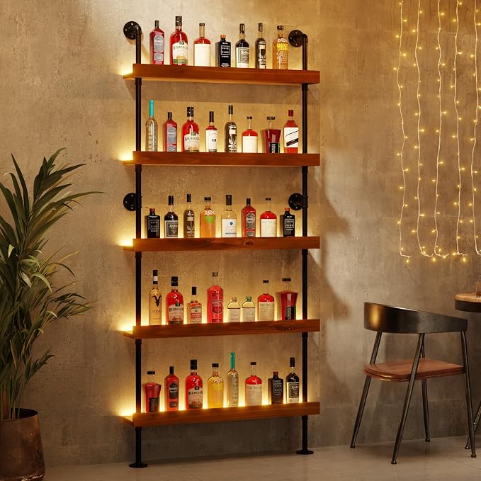 Wall Mounted Wine Rack with LED Light, LED Industrial Pipe Liquor Bar Shelves by Anynice
