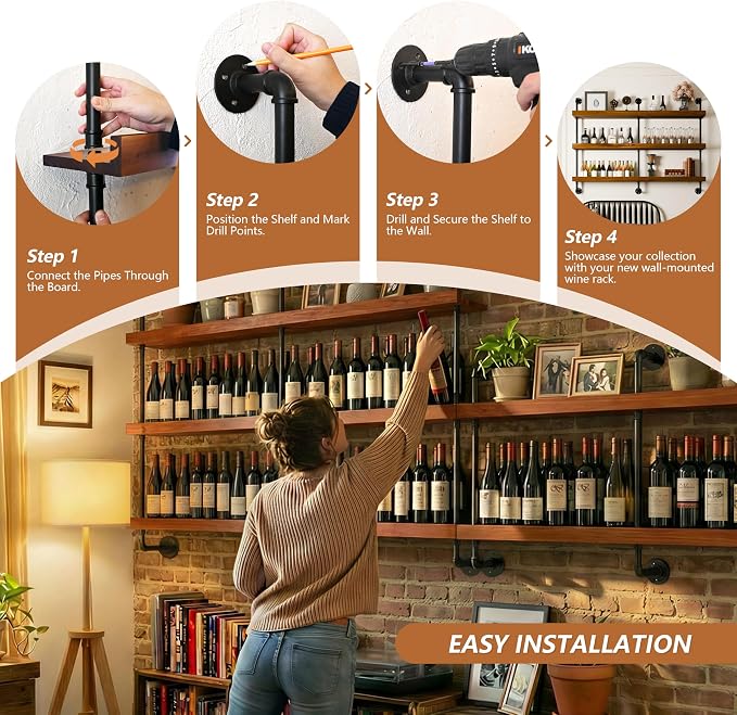 Industrial Wine Rack Wall Mounted, Solid Wood Shelf - Image 5