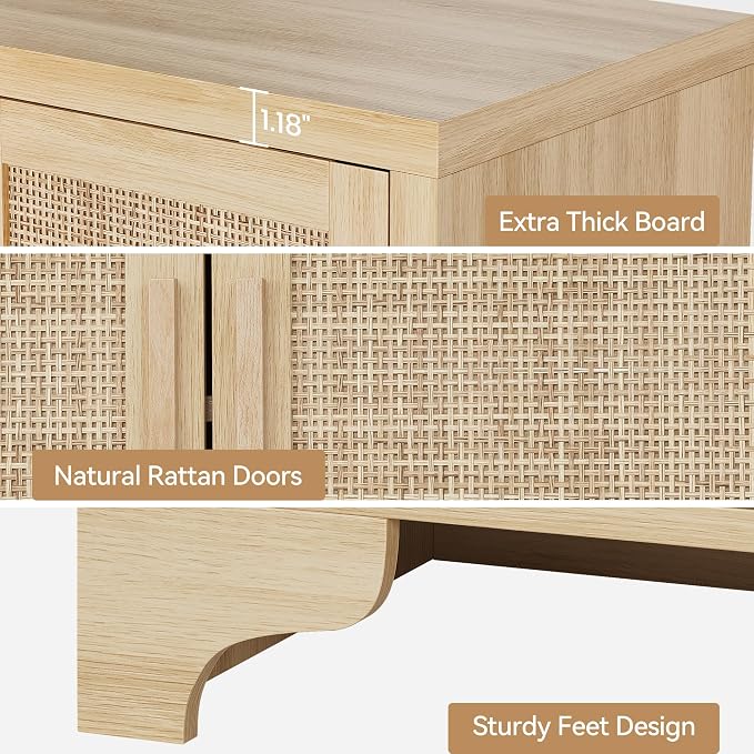 GarveeHome 4-Door Sideboard Buffet Cabinet, Natural Rattan Storage Cabinet - Image 5