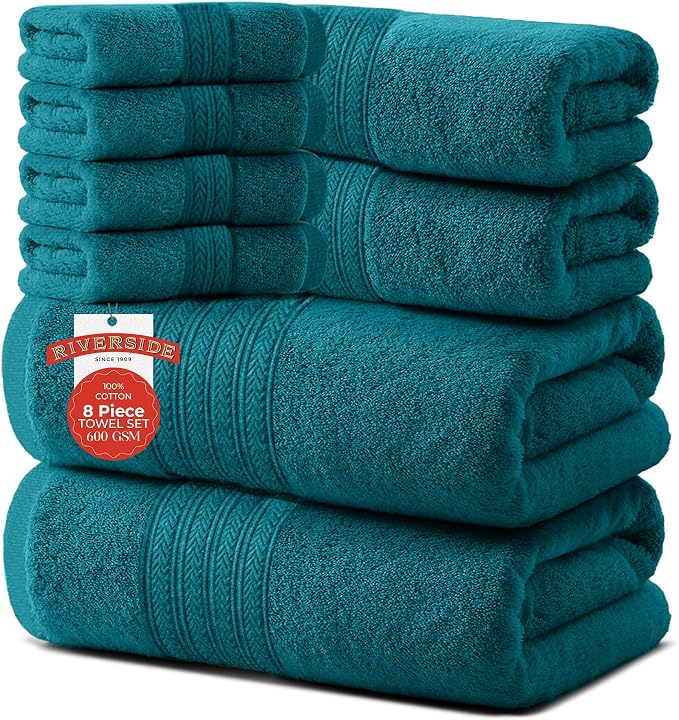 RIVERSIDE Pack of 8 Towels Set, 2 Large Bath, 2 Hand, 4 Face Washcloths by RIVERSIDE