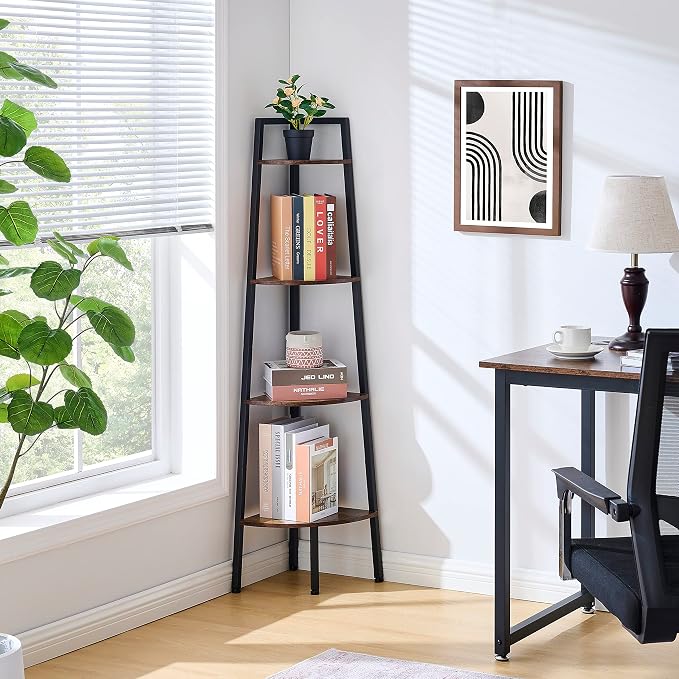 Hoctieon Corner Shelf, 4-Tier Corner Bookshelf, Rustic Ladder Shelf, Industrial - Image 7