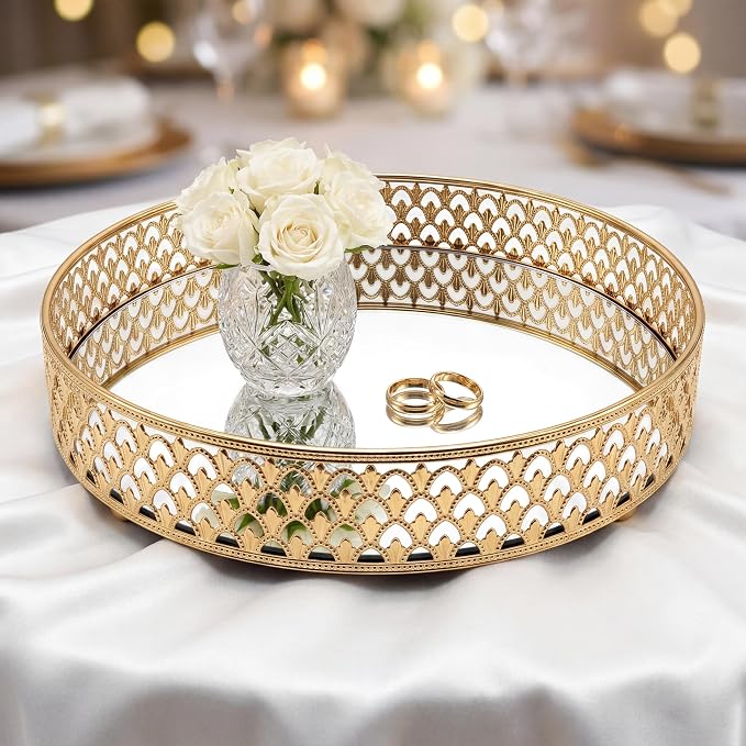 10 Inch Glass and Gold Round Tray Set of 2，Dinner Plate Perfume and Vanity Tray - Image 3
