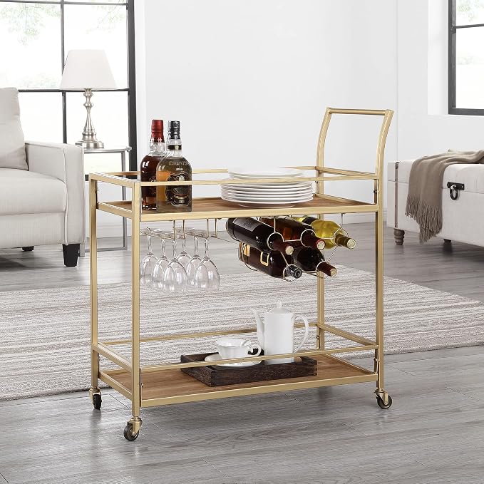 FirsTime & Co. Gold and Brown Francesca Bar Cart, 2 Tier Mobile Mini Bar by FirsTimeCo