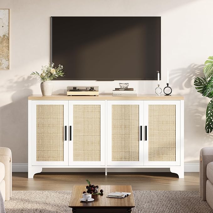 GarveeHome 4-Door Sideboard Buffet Cabinet, Natural Rattan Storage Cabinet - Image 3