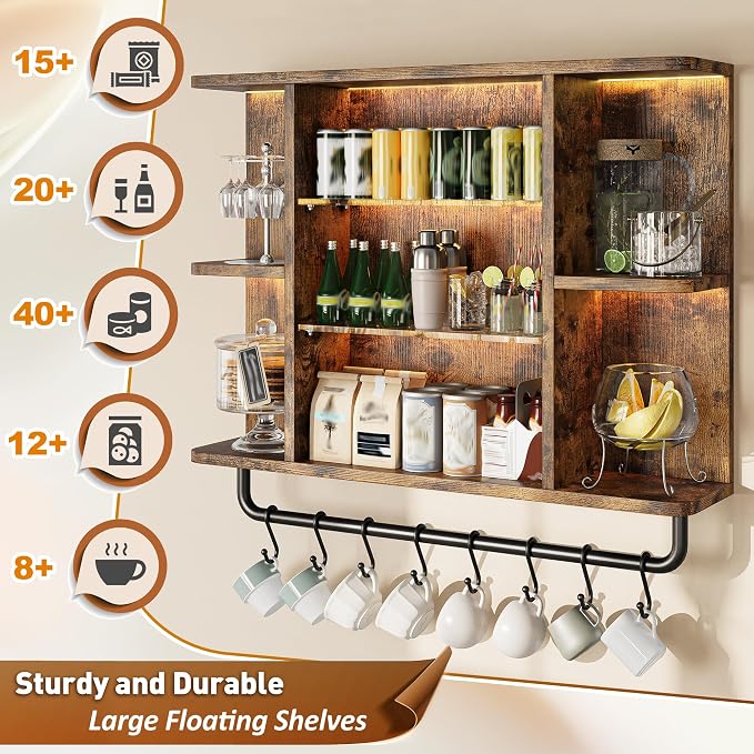 REIBII Floating Shelves with LED Lights, 7-Tier Wood Shelf, Wall Mounted - Image 6