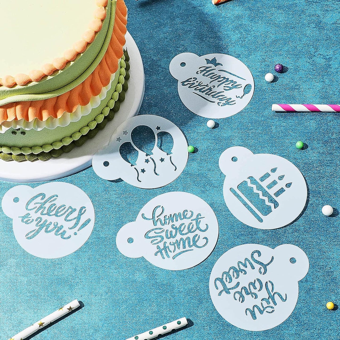20 Pieces Birthday Cookie Stencil Templates Decoration Cookie Stencil for Birthday Coffee Cake Templates Reusable Painting Mold Tools, Dessert, Coffee Decorating Mold(Cake Style)