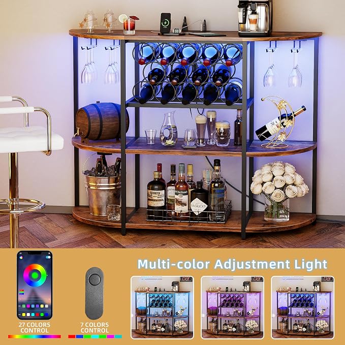 VICTONE Wine Bar Cabinet with LED Lights and Power Outlets, Freestanding Liquor - Image 4