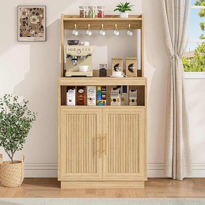 Fluted Coffee Bar Cabinet with Storage, Coffee Station with Adjustable Shelf by Zeibospri