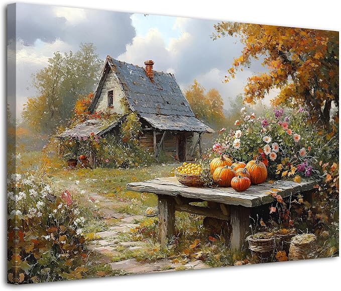 Large Country Autumn Landscape Wall Art Fall Pumpkin Picture Canvas Prints by Unknown