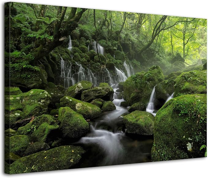 Foggy Forest Canvas Wall Art for Living Room Green Trees Scenery Painting by Unknown