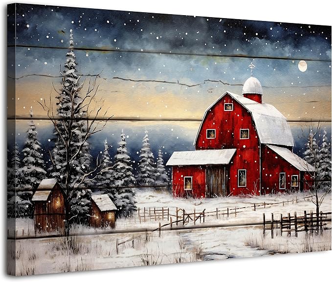 Red Barn Wall Art Snowy Winter Landscape Wall Art Christmas Home Decoration by Unknown