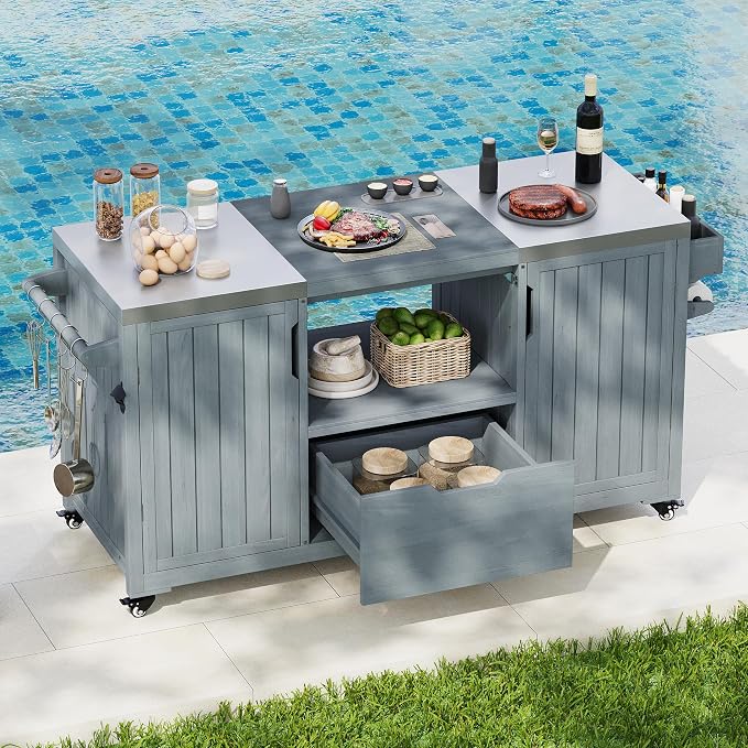 Merax Outdoor Kitchen Island for Big Green Egg Grills, 66.5" Wood Kitchen Island by Merax